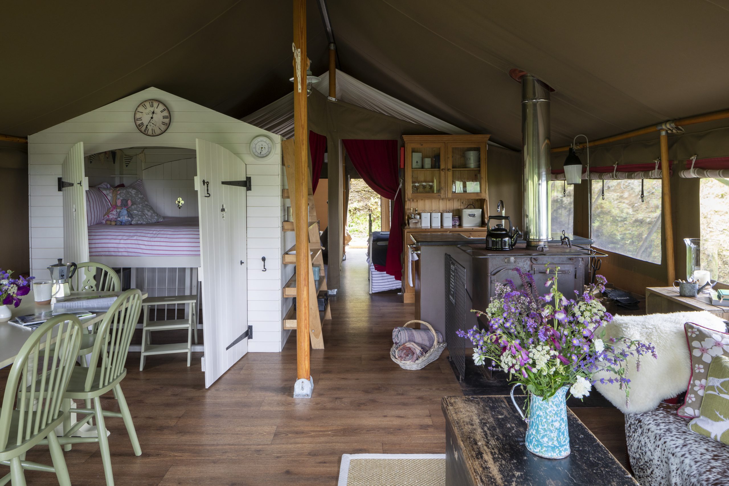 Inside of the glamping tents at Longlands, Devon